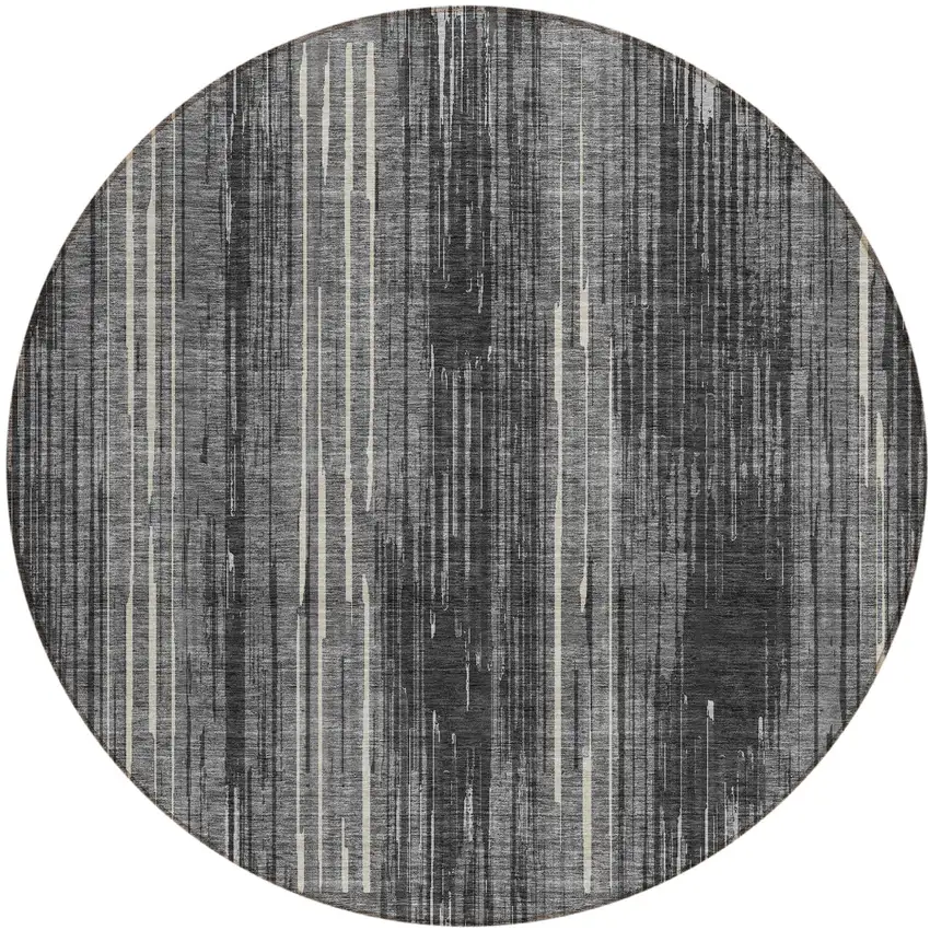 8' Charcoal Gray And Ivory Round Striped Washable Indoor Outdoor Area Rug Photo 2