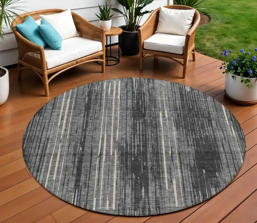 8' Charcoal Gray And Ivory Round Striped Washable Indoor Outdoor Area Rug Photo 1
