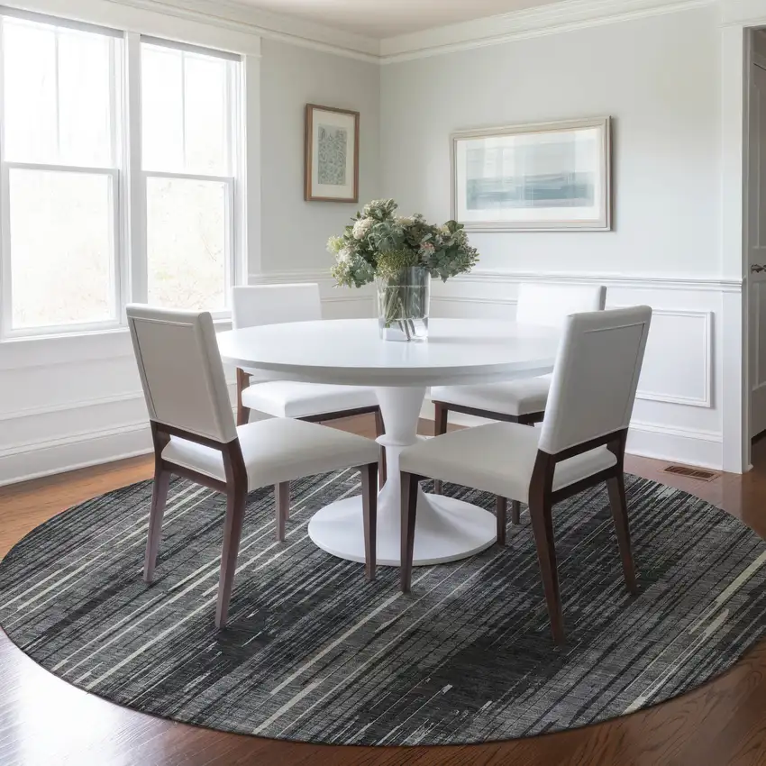 8' Charcoal Gray And Ivory Round Striped Washable Indoor Outdoor Area Rug Photo 7