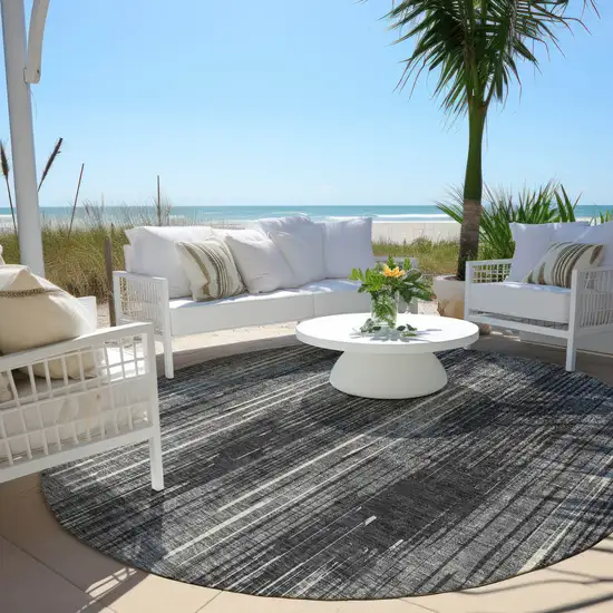 8' Charcoal Gray And Ivory Round Striped Washable Indoor Outdoor Area Rug Photo 6