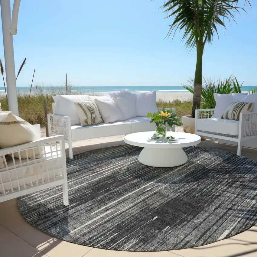 8' Charcoal Gray And Ivory Round Striped Washable Indoor Outdoor Area Rug Photo 6