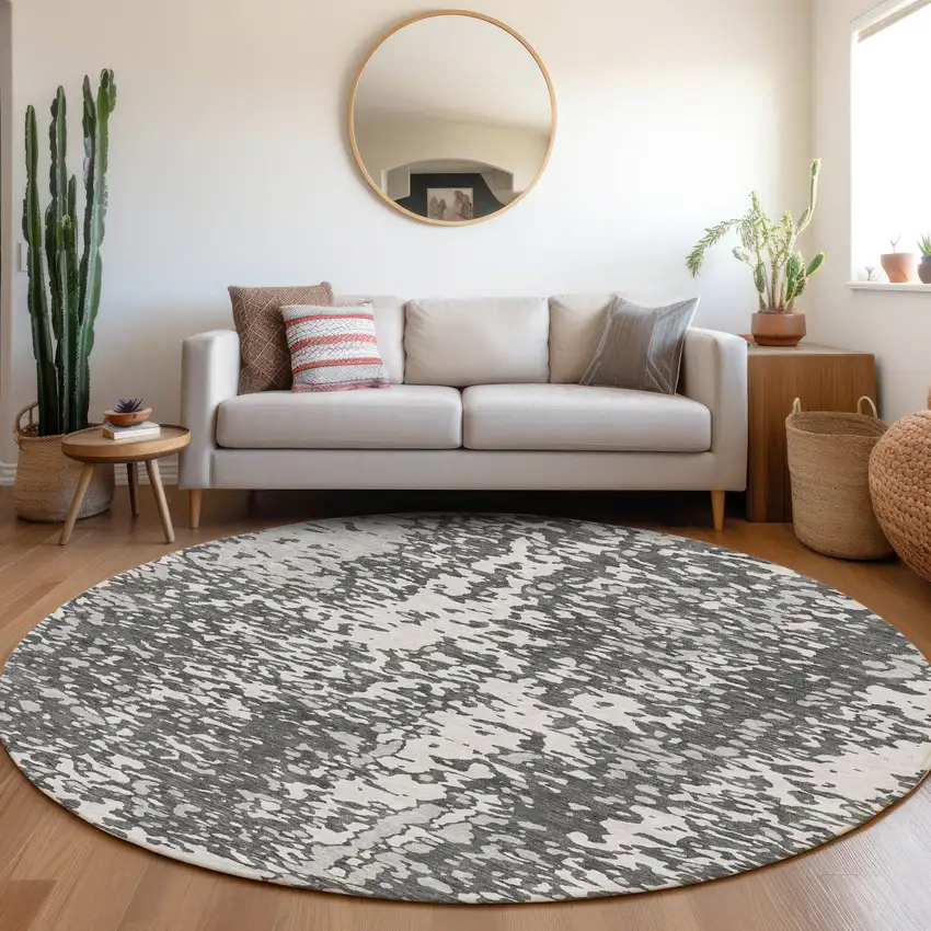 8' Charcoal Gray And Silver Abstract Washable Round Rug With UV Protection Photo 4