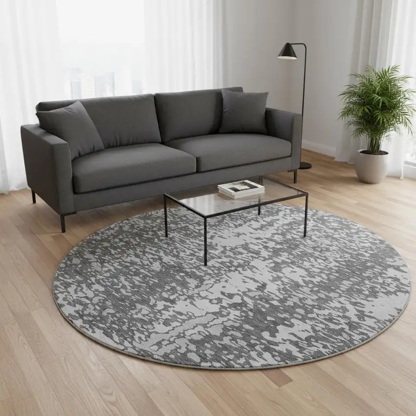 8' Charcoal Gray And Silver Abstract Washable Round Rug With UV Protection Photo 2