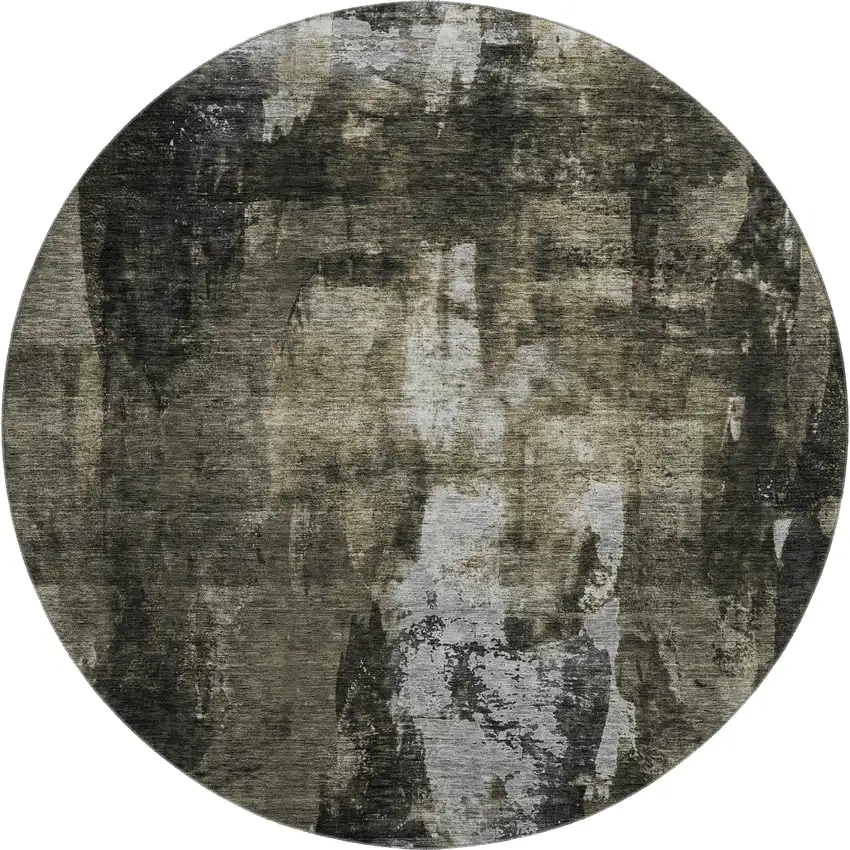 8' Charcoal Gray And Silver Abstract Washable Round Rug With UV Protection Photo 1