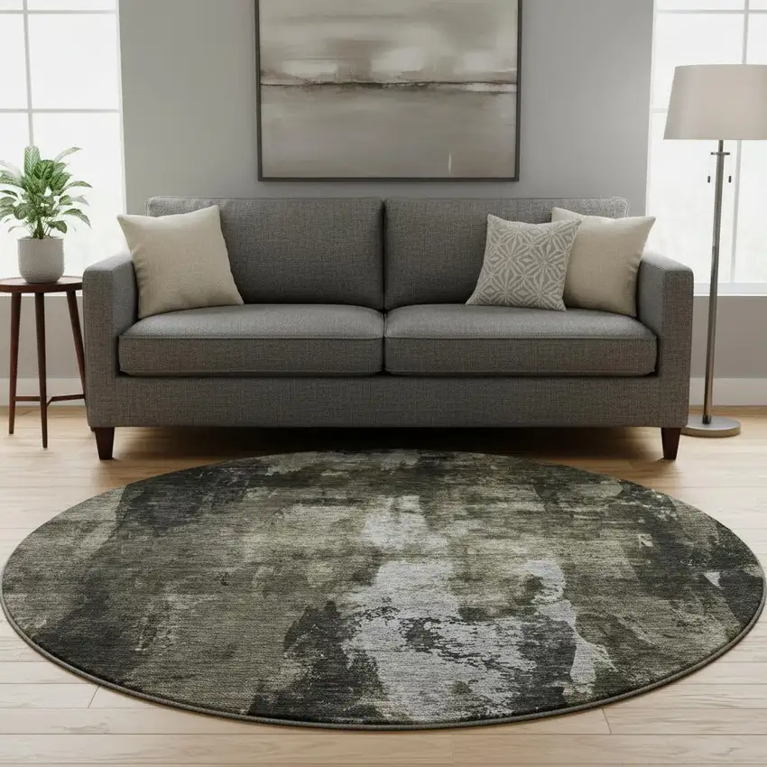 8' Charcoal Gray And Silver Abstract Washable Round Rug With UV Protection Photo 1