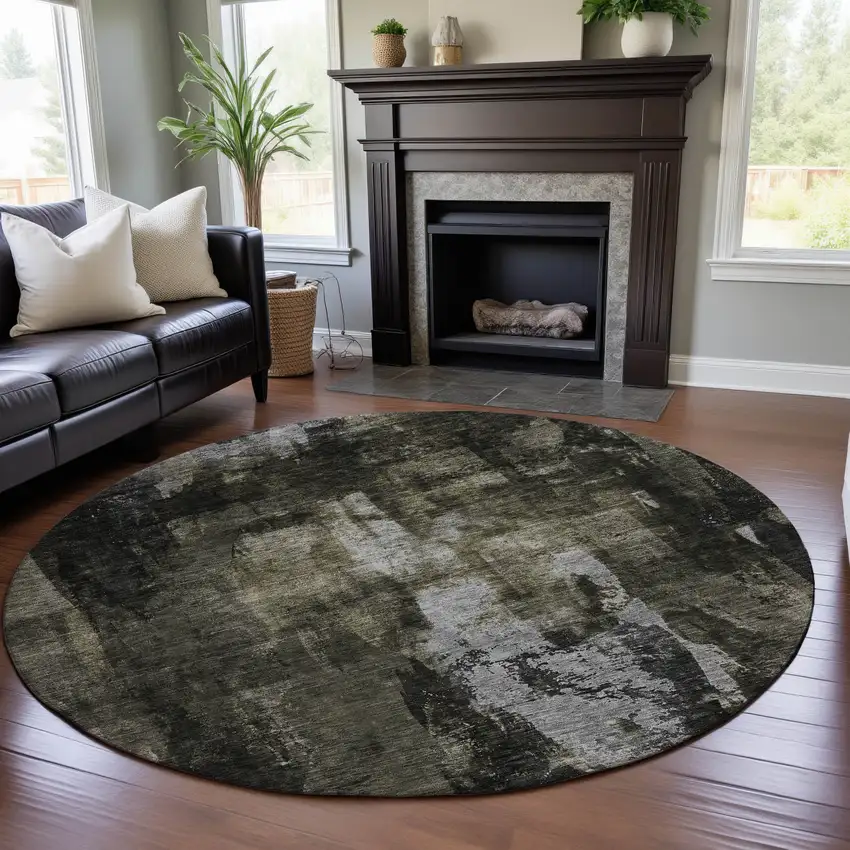 8' Charcoal Gray And Silver Abstract Washable Round Rug With UV Protection Photo 4