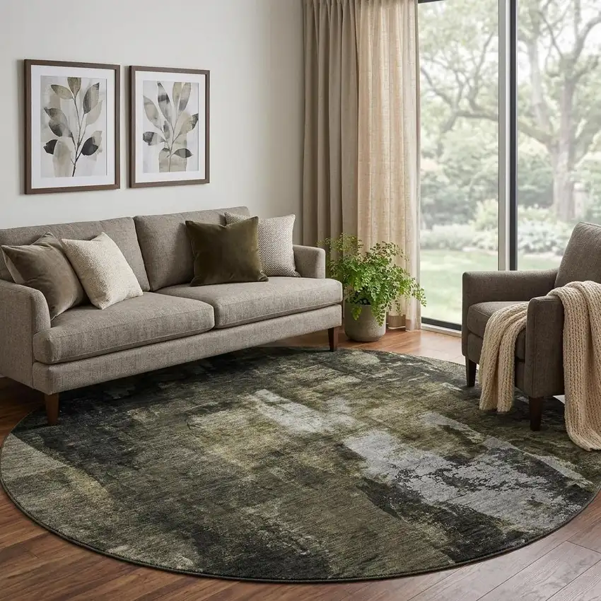 8' Charcoal Gray And Silver Abstract Washable Round Rug With UV Protection Photo 1