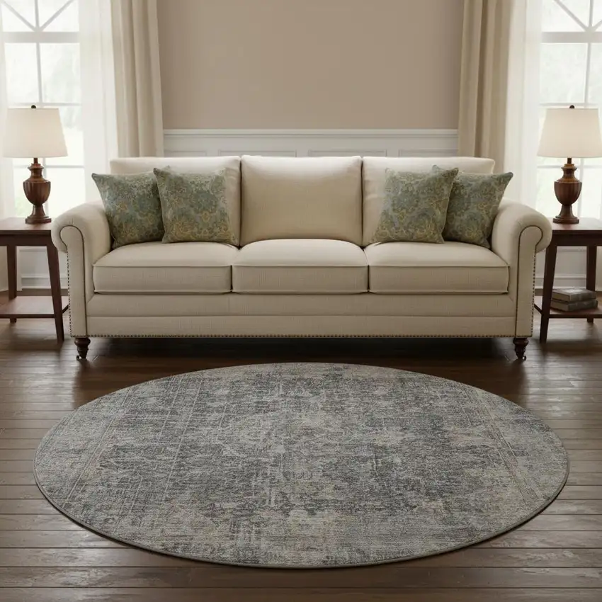 8' Charcoal Gray And Silver Floral Medallion Washable Round Rug With UV Protection Photo 2