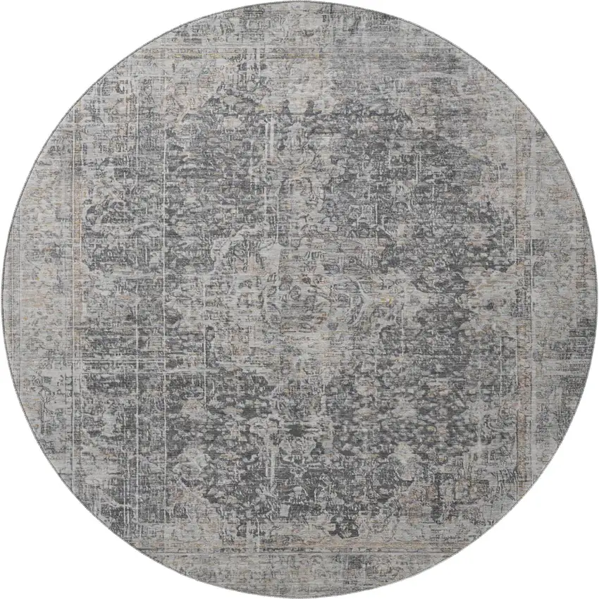 8' Charcoal Gray And Silver Floral Medallion Washable Round Rug With UV Protection Photo 4