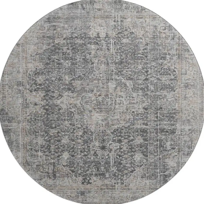 8' Charcoal Gray And Silver Floral Medallion Washable Round Rug With UV Protection Photo 2