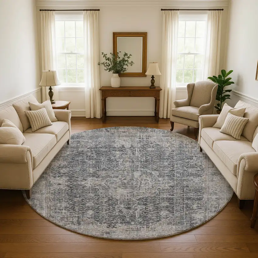 8' Charcoal Gray And Silver Floral Medallion Washable Round Rug With UV Protection Photo 4