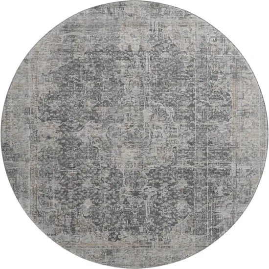 8' Charcoal Gray And Silver Floral Medallion Washable Round Rug With UV Protection Photo 1
