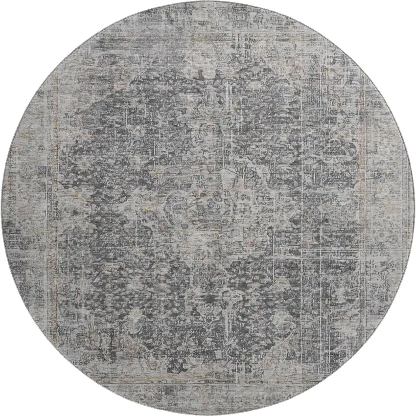 8' Charcoal Gray And Silver Floral Medallion Washable Round Rug With UV Protection Photo 1