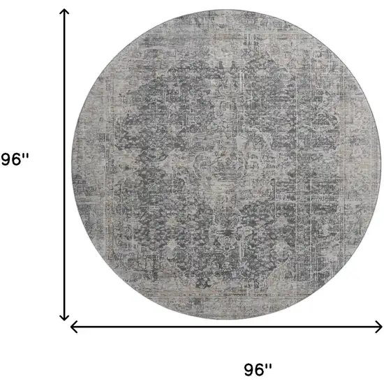8' Charcoal Gray And Silver Floral Medallion Washable Round Rug With UV Protection Photo 9