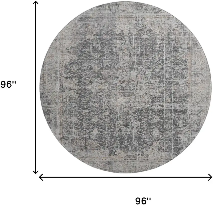 8' Charcoal Gray And Silver Floral Medallion Washable Round Rug With UV Protection Photo 9