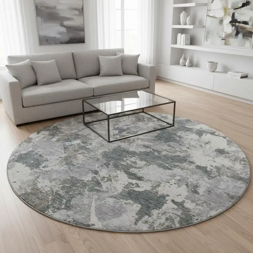 8' Charcoal Gray And Silver Floral Washable Round Rug With UV Protection Photo 2