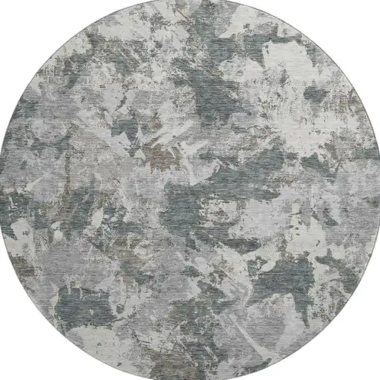 8' Charcoal Gray And Silver Floral Washable Round Rug With UV Protection Photo 4