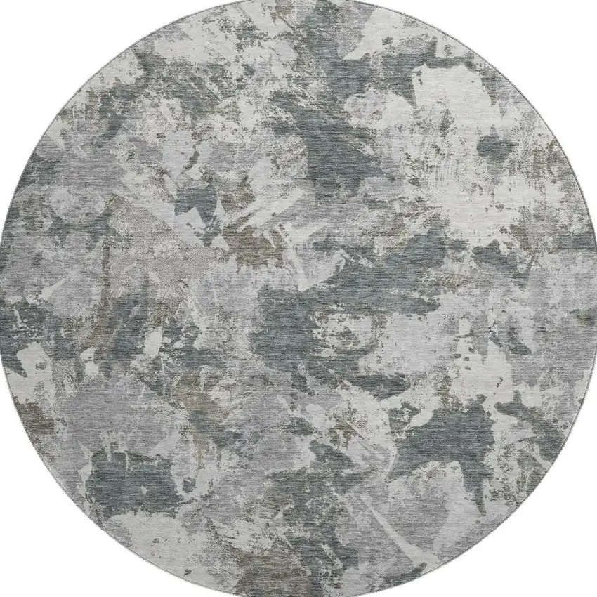 8' Charcoal Gray And Silver Floral Washable Round Rug With UV Protection Photo 4