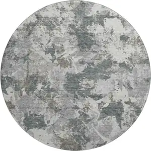 Photo of 8' Charcoal Gray And Silver Floral Washable Round Rug With UV Protection