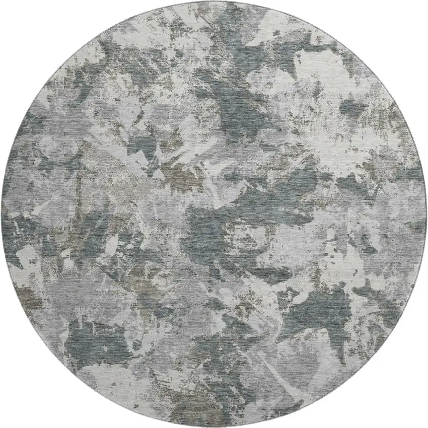 8' Charcoal Gray And Silver Floral Washable Round Rug With UV Protection Photo 1