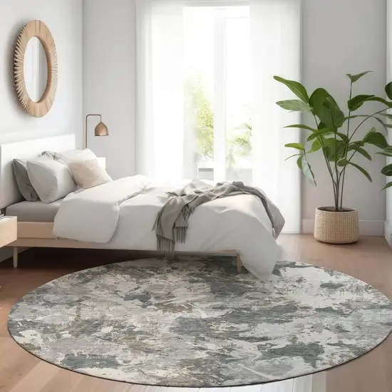 8' Charcoal Gray And Silver Floral Washable Round Rug With UV Protection Photo 5