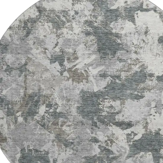 8' Charcoal Gray And Silver Floral Washable Round Rug With UV Protection Photo 3