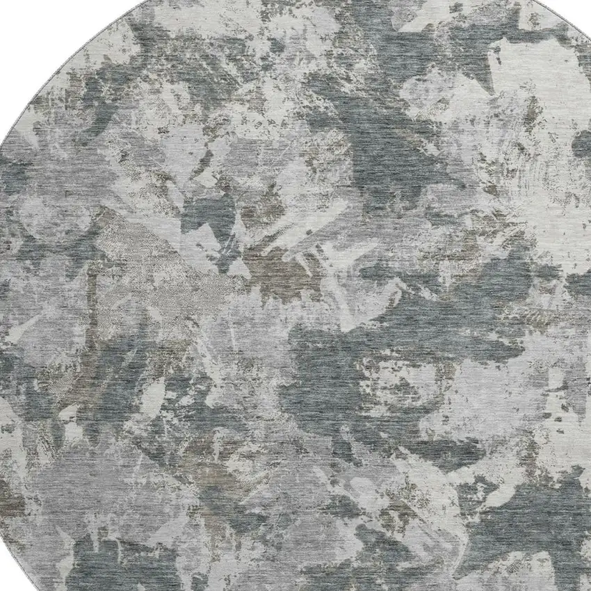8' Charcoal Gray And Silver Floral Washable Round Rug With UV Protection Photo 3