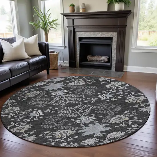 8' Charcoal Gray And Silver Floral Washable Round Rug With UV Protection Photo 4