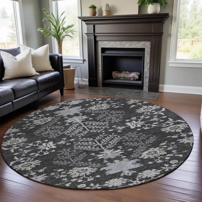 8' Charcoal Gray And Silver Floral Washable Round Rug With UV Protection Photo 4