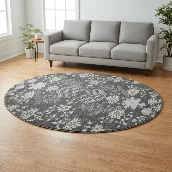8' Charcoal Gray And Silver Floral Washable Round Rug With UV Protection Photo 2