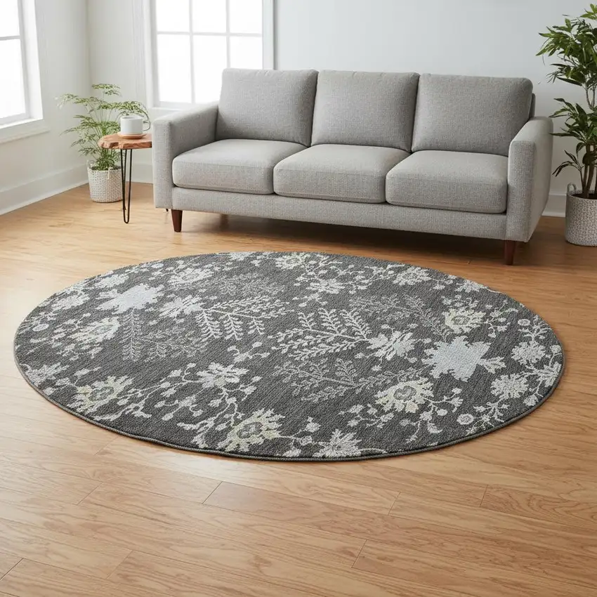 8' Charcoal Gray And Silver Floral Washable Round Rug With UV Protection Photo 2