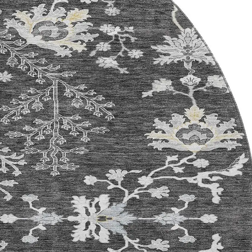 8' Charcoal Gray And Silver Floral Washable Round Rug With UV Protection Photo 3