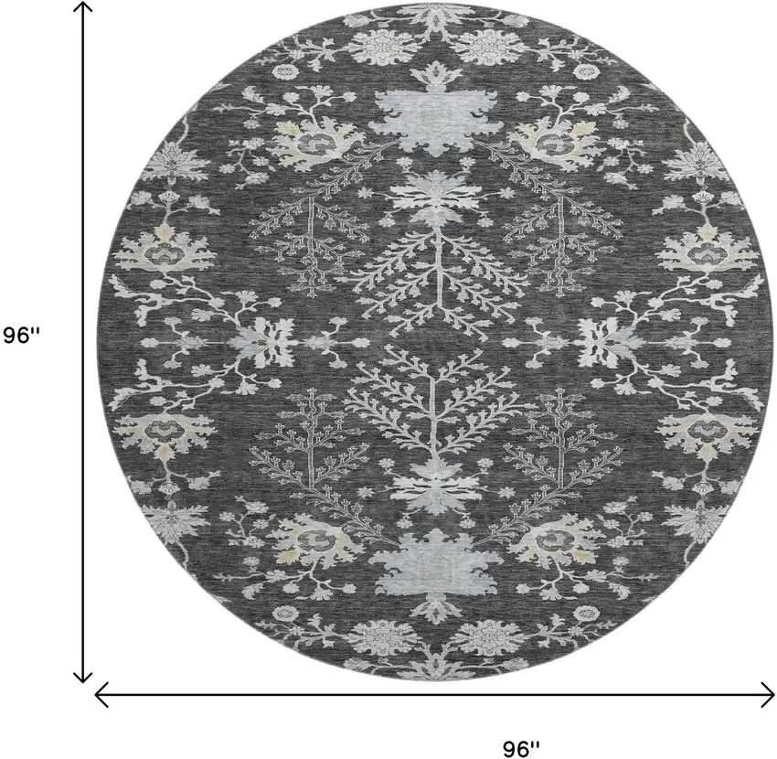 8' Charcoal Gray And Silver Floral Washable Round Rug With UV Protection Photo 9