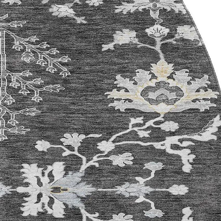 8' Charcoal Gray And Silver Floral Washable Round Rug With UV Protection Photo 2