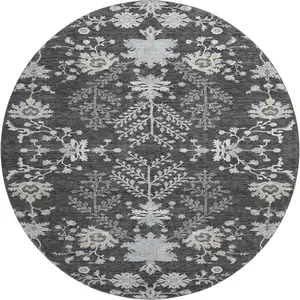 Photo of 8' Charcoal Gray And Silver Floral Washable Round Rug With UV Protection