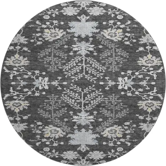 8' Charcoal Gray And Silver Floral Washable Round Rug With UV Protection Photo 1