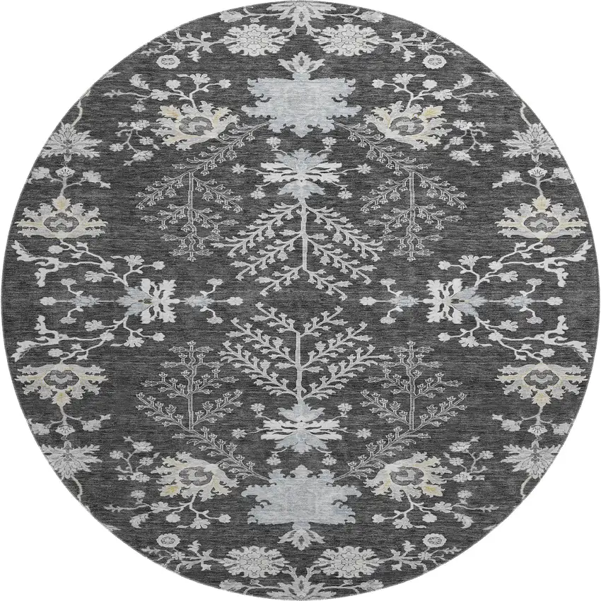 8' Charcoal Gray And Silver Floral Washable Round Rug With UV Protection Photo 1