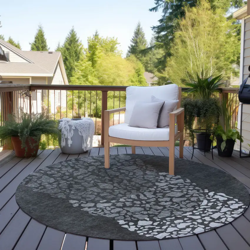 8' Charcoal Gray And Silver Round Abstract Washable Indoor Outdoor Area Rug Photo 6