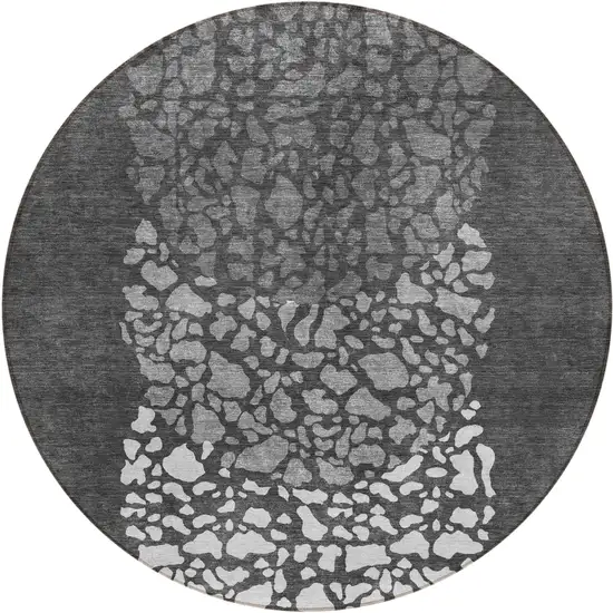 8' Charcoal Gray And Silver Round Abstract Washable Indoor Outdoor Area Rug Photo 1