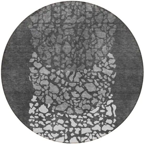 8' Charcoal Gray And Silver Round Abstract Washable Indoor Outdoor Area Rug Photo 1