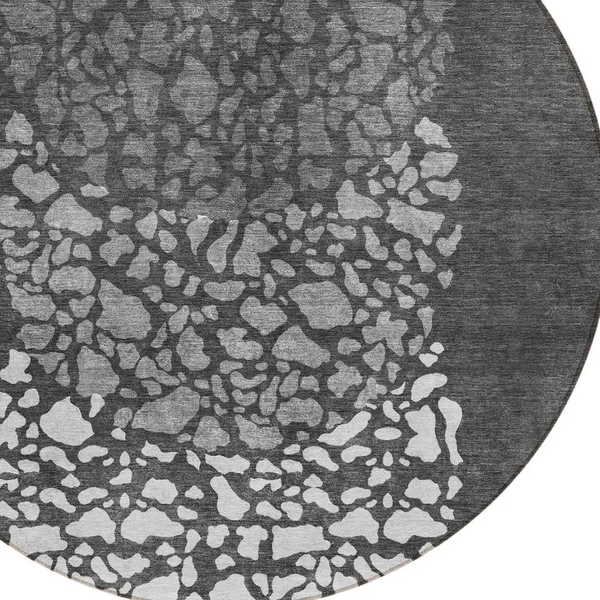 8' Charcoal Gray And Silver Round Abstract Washable Indoor Outdoor Area Rug Photo 4