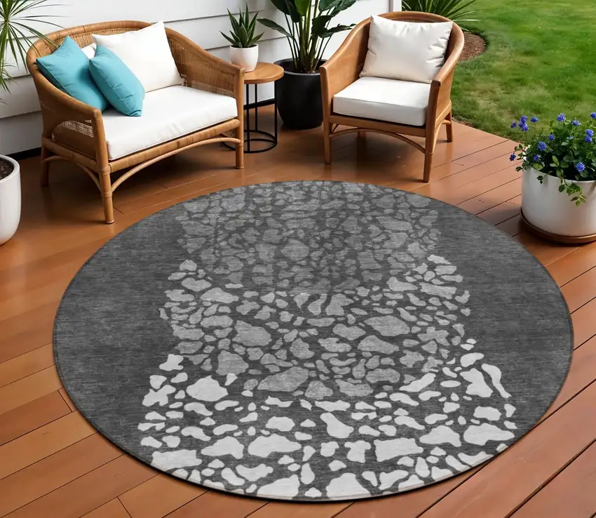 8' Charcoal Gray And Silver Round Abstract Washable Indoor Outdoor Area Rug Photo 1