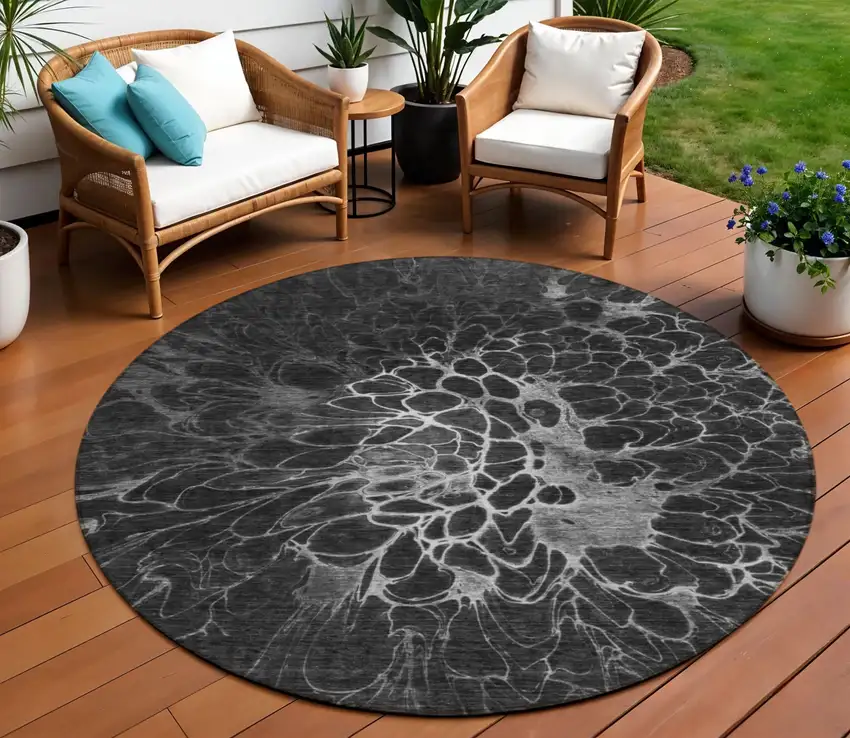 8' Charcoal Gray And Silver Round Abstract Washable Indoor Outdoor Area Rug Photo 1