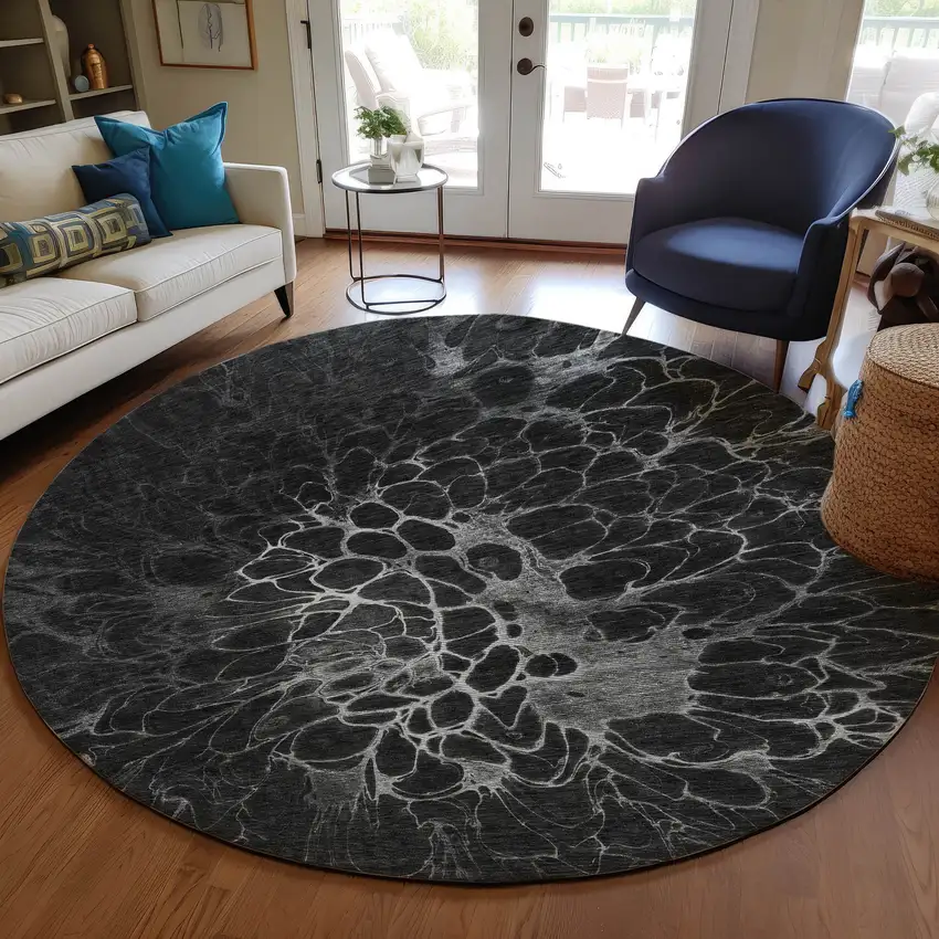 8' Charcoal Gray And Silver Round Abstract Washable Indoor Outdoor Area Rug Photo 7
