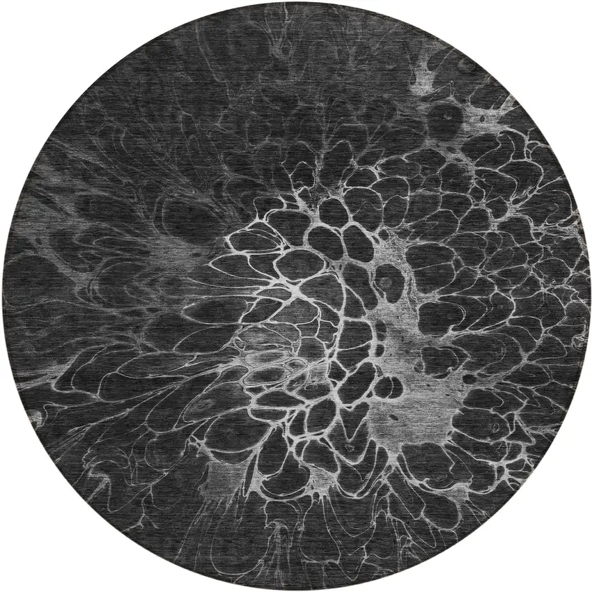 8' Charcoal Gray And Silver Round Abstract Washable Indoor Outdoor Area Rug Photo 2