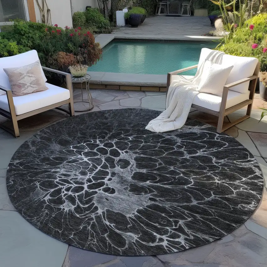 8' Charcoal Gray And Silver Round Abstract Washable Indoor Outdoor Area Rug Photo 6