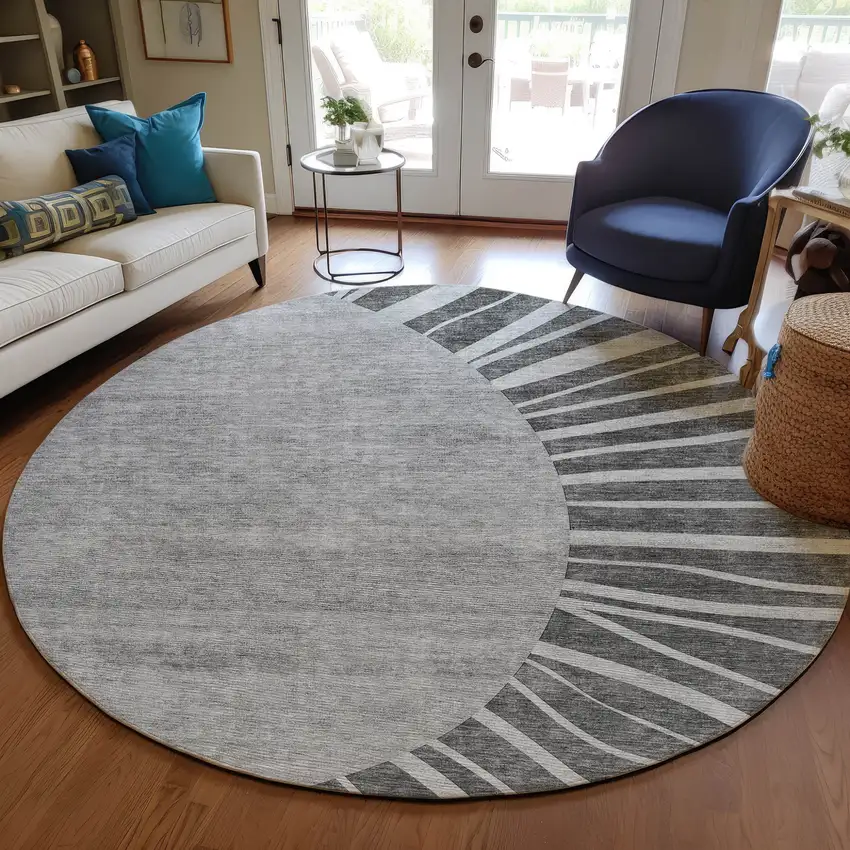 8' Charcoal Gray And Silver Round Abstract Washable Indoor Outdoor Area Rug Photo 9