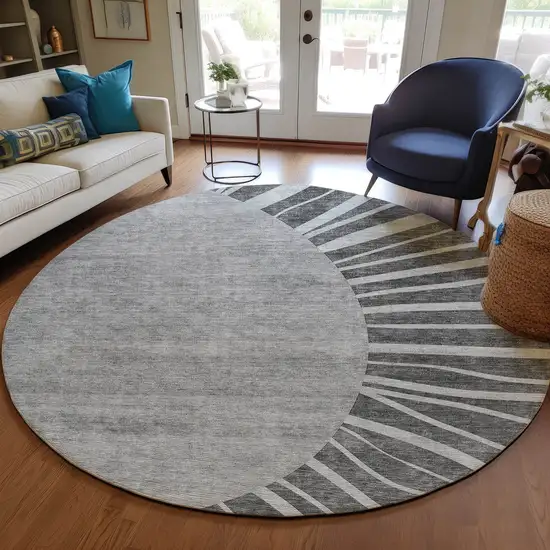 8' Charcoal Gray And Silver Round Abstract Washable Indoor Outdoor Area Rug Photo 9