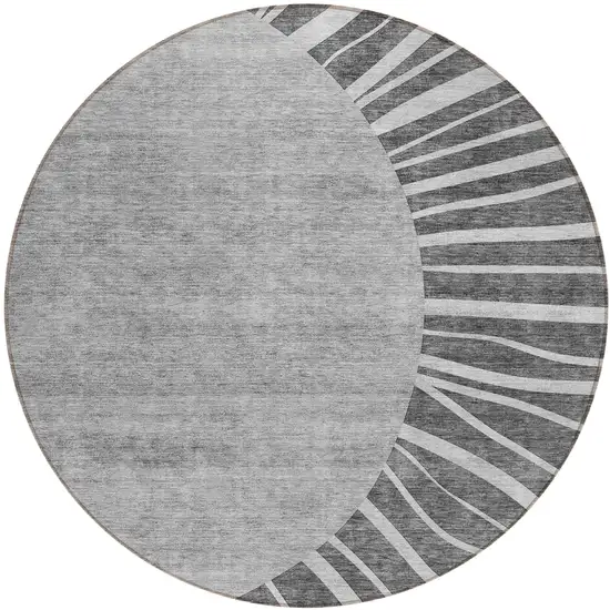 8' Charcoal Gray And Silver Round Abstract Washable Indoor Outdoor Area Rug Photo 2