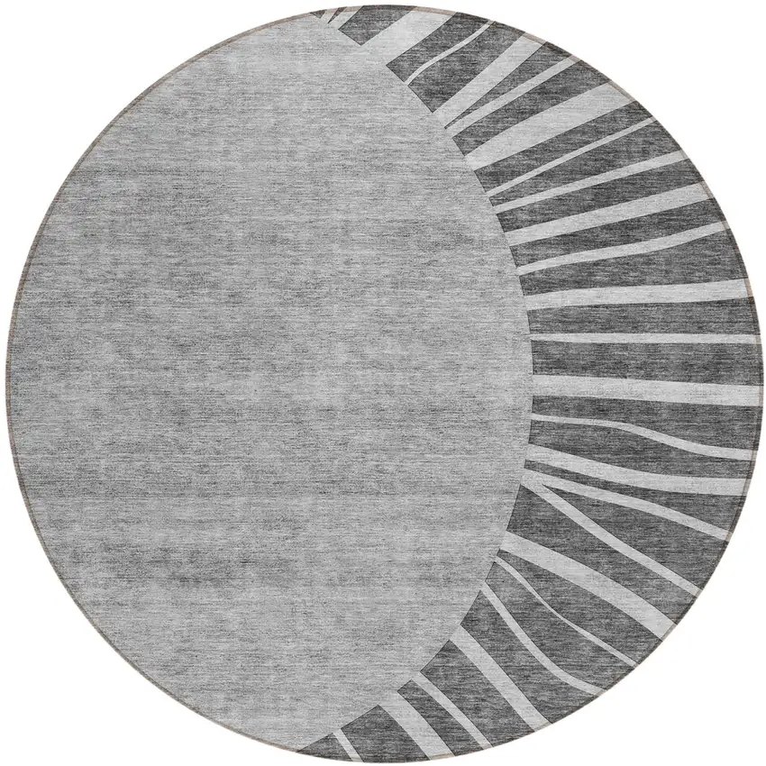 8' Charcoal Gray And Silver Round Abstract Washable Indoor Outdoor Area Rug Photo 2